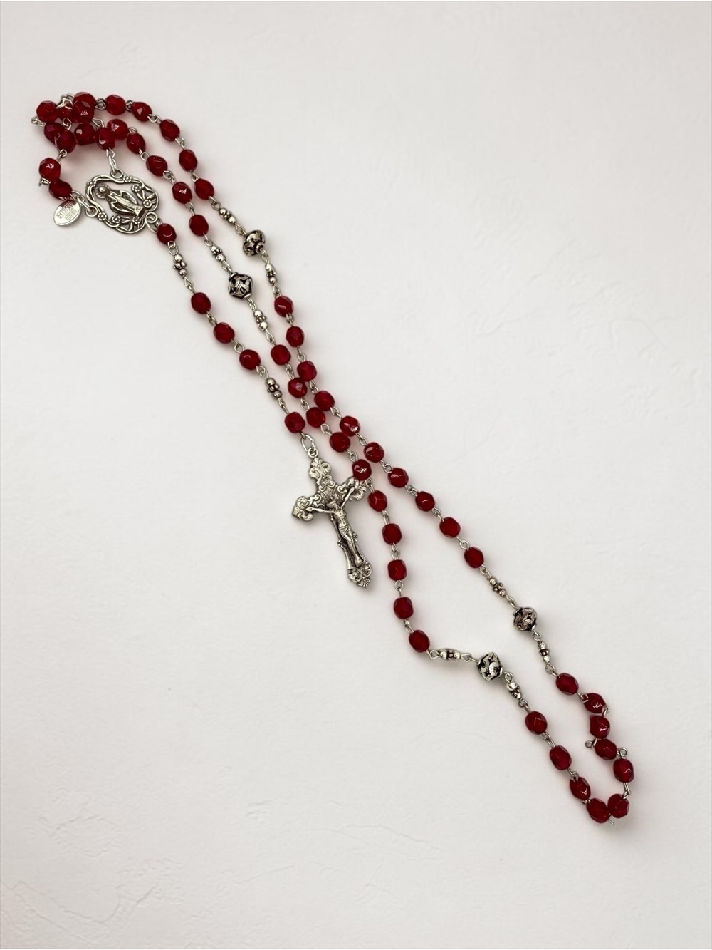 Donna Dressler Sterling Silver Ruby Crystal Rosary Crucifix VTG Tagged 26” w 6”D - Picture 11 of 17